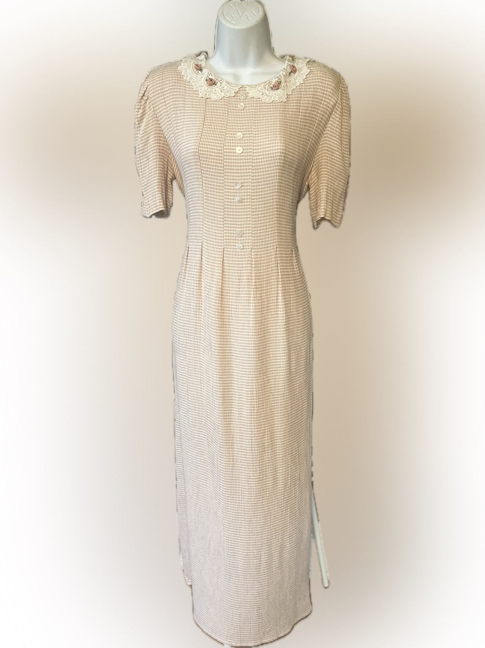 Vintage Pink and White Gingham Cottagecore Maxi dress with Lace Collar